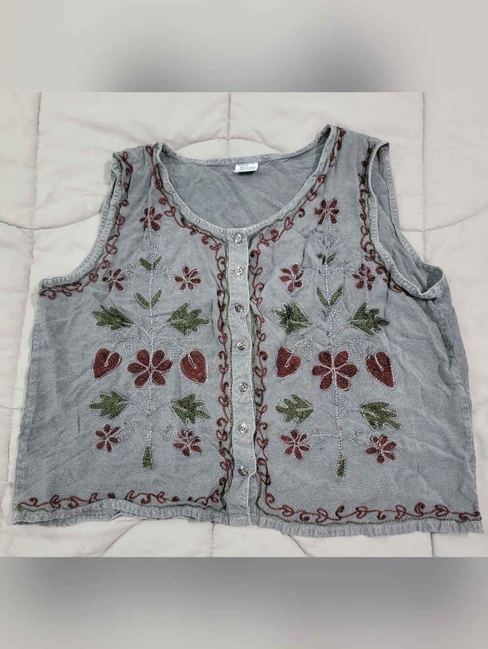 Vintage Erika Brooke Grey Button-up Floral Embroidered Vest - Size XLarge